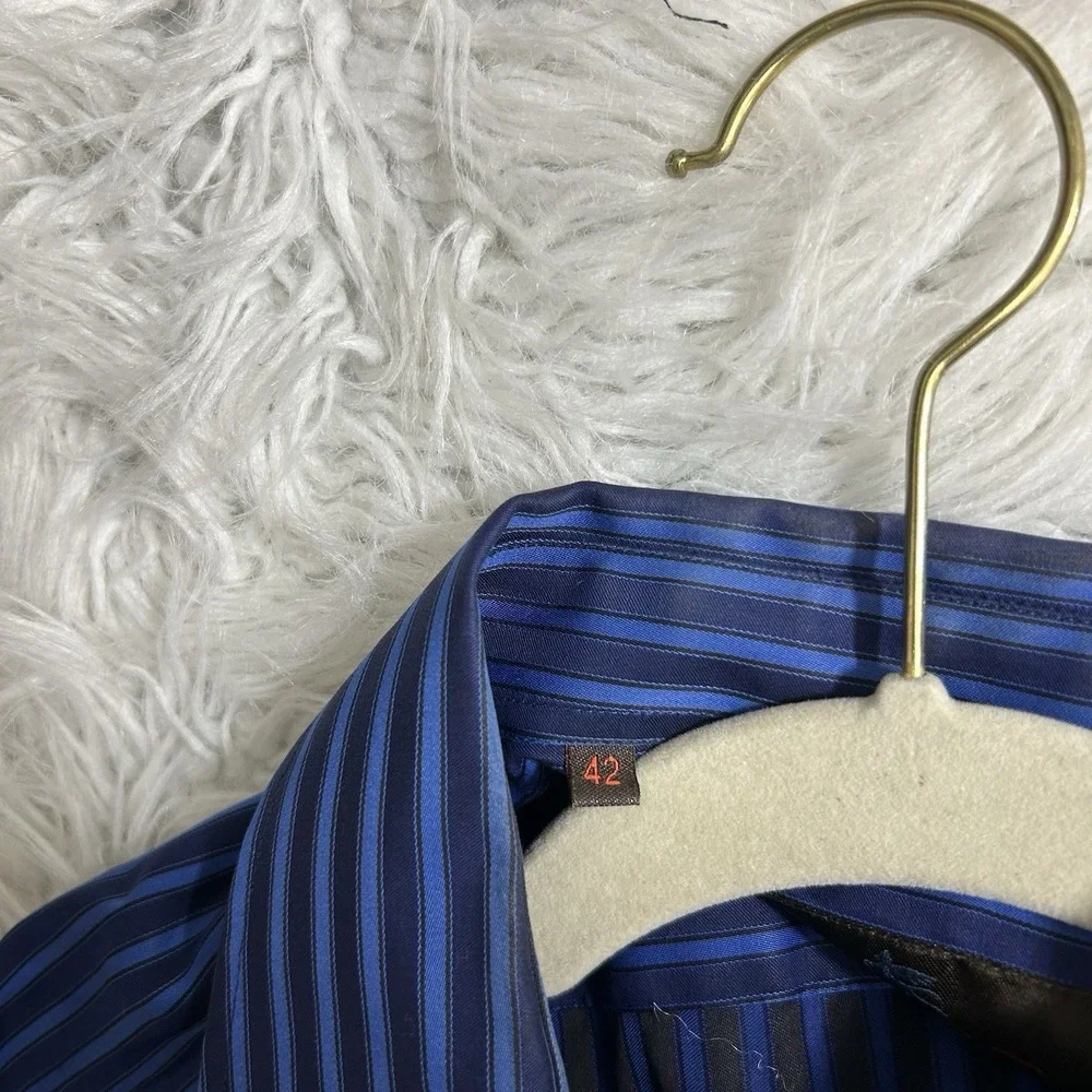 ETRO Long Sleeve Striped Button Shirt‎ Cotton Blue Black Made In Italy Size 42